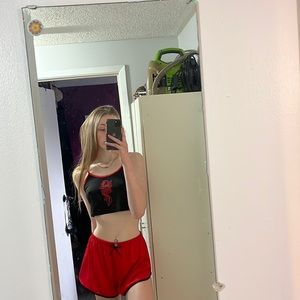 2 two piece shorts and a tank top, Red and black with dragon print on the shirt